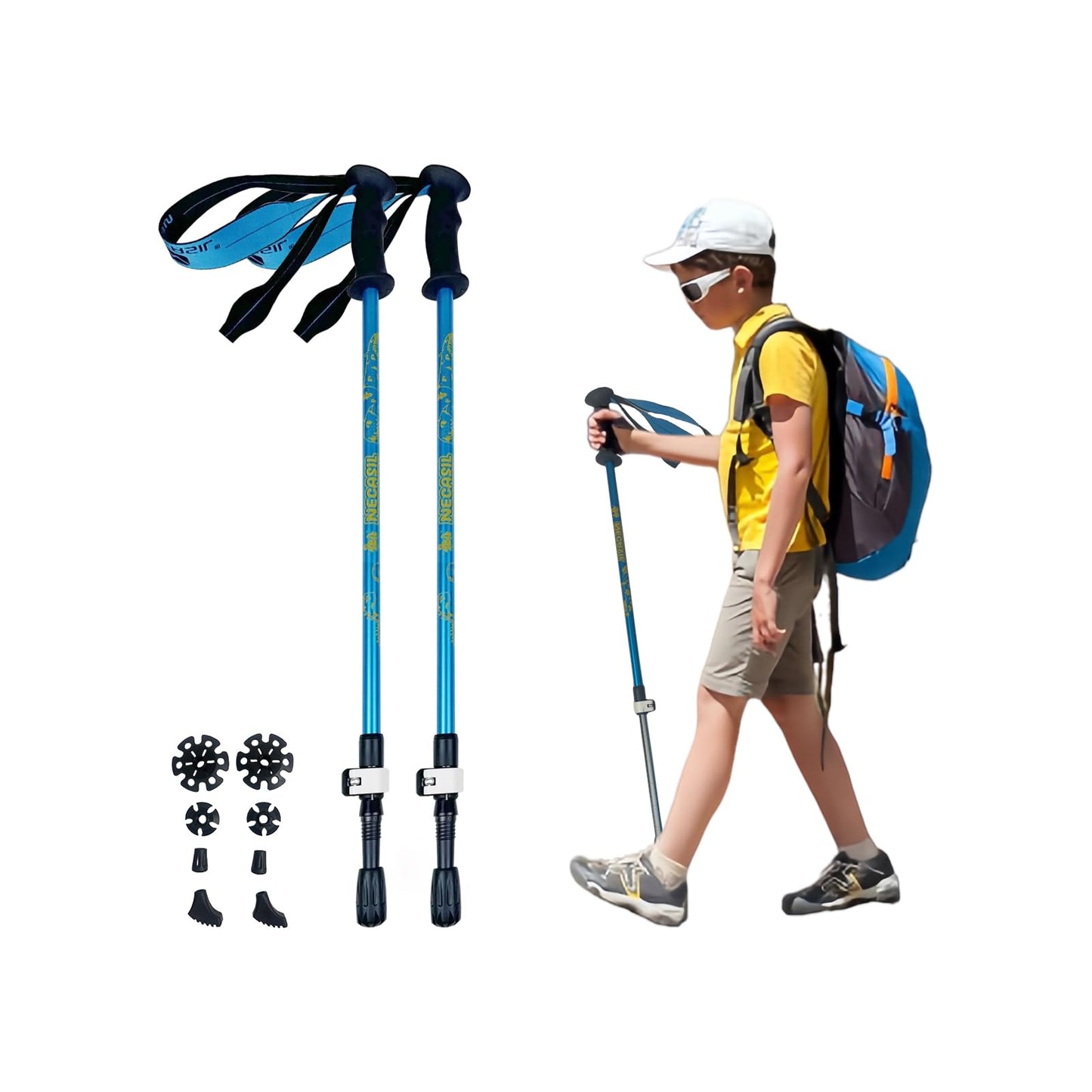 ALYEEPLOR 2PCS Adjustable Aluminum Kids Hiking Poles, Lightweight Collapsible Trekking Poles for Hiking, Ski, Outdoor Activities, Hiking Stick Gear (Blue, Aluminum)