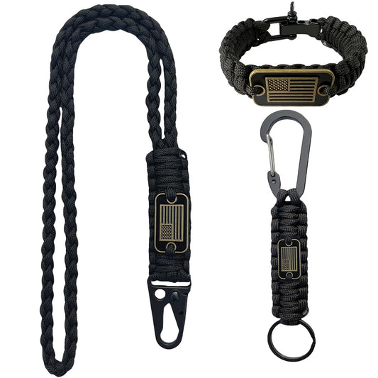 DIHAIMI Heavy Duty Paracord Set - Lanyard Necklace, Carabiner Keychain, and Tactical Survival Bracelet for Men and Woman with Bronze USA Flag