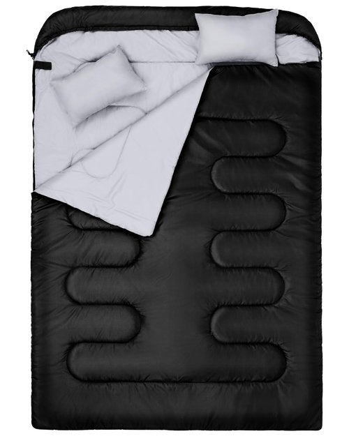 Sportneer Double Sleeping Bag: Queen Size 2 Person All Season for Warm & Cold Weather Camping Sleeping Bag with 2 Pillows, Waterproof Lightweight Large Size 86.6'' x 59''