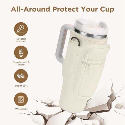 Water Bottle Carrier Bag with Phone Pocket for Stanley Cup Tumbler 40 oz & Simple Modern Tumbler - Water Bottle Holder with Adjustable Strap, Neoprene Pouch, Carabiner - for Stanley Cup Accessories