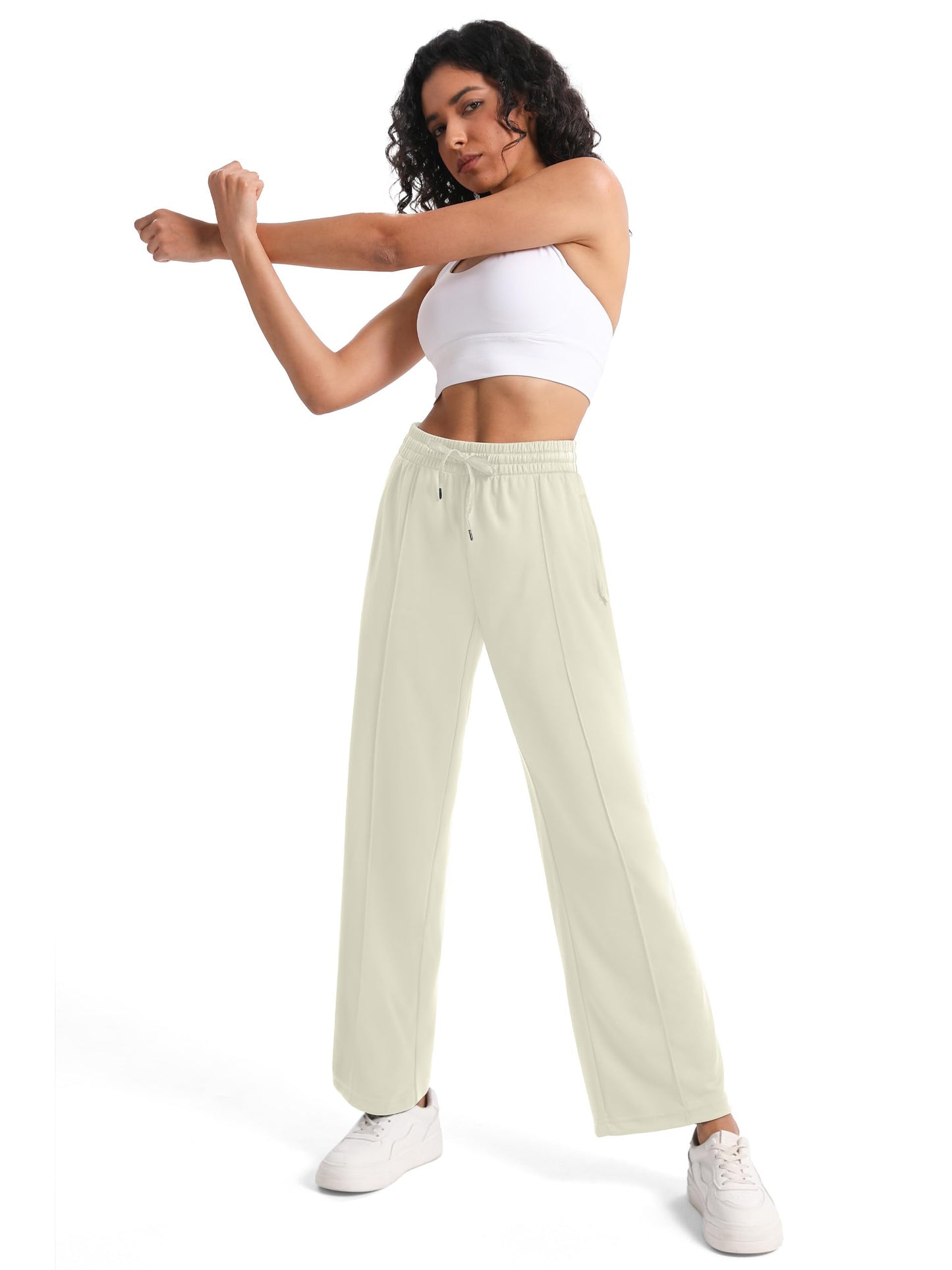 Tapata Regular Women's 30" Inseam Casual Pants Track Athletic Sweatpants Warm Up Loose Side Stripe Street Slacks, Beige, M