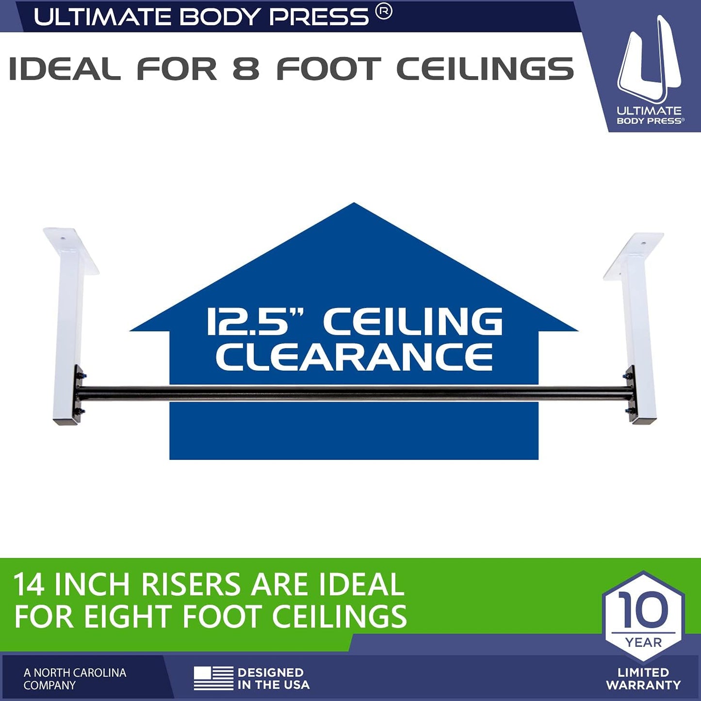 Ultimate Body Press Ceiling Mount Pull Up Bar - 48” Straight Bar & 14” Risers for 16”/24” Joists