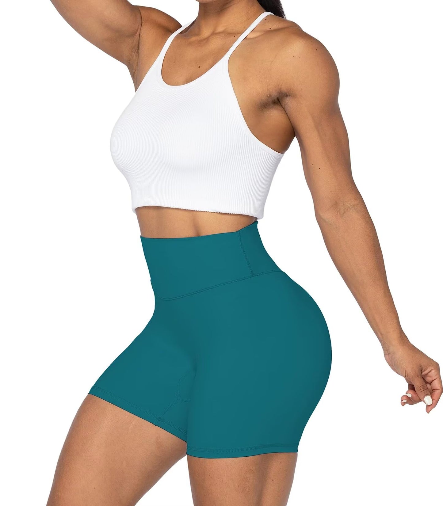 Sunzel No Front Seam High Waist Biker Shorts for Women, Squat Proof Yoga Workout Gym Bike Shorts 5" Inseam Deep Lagoon Large