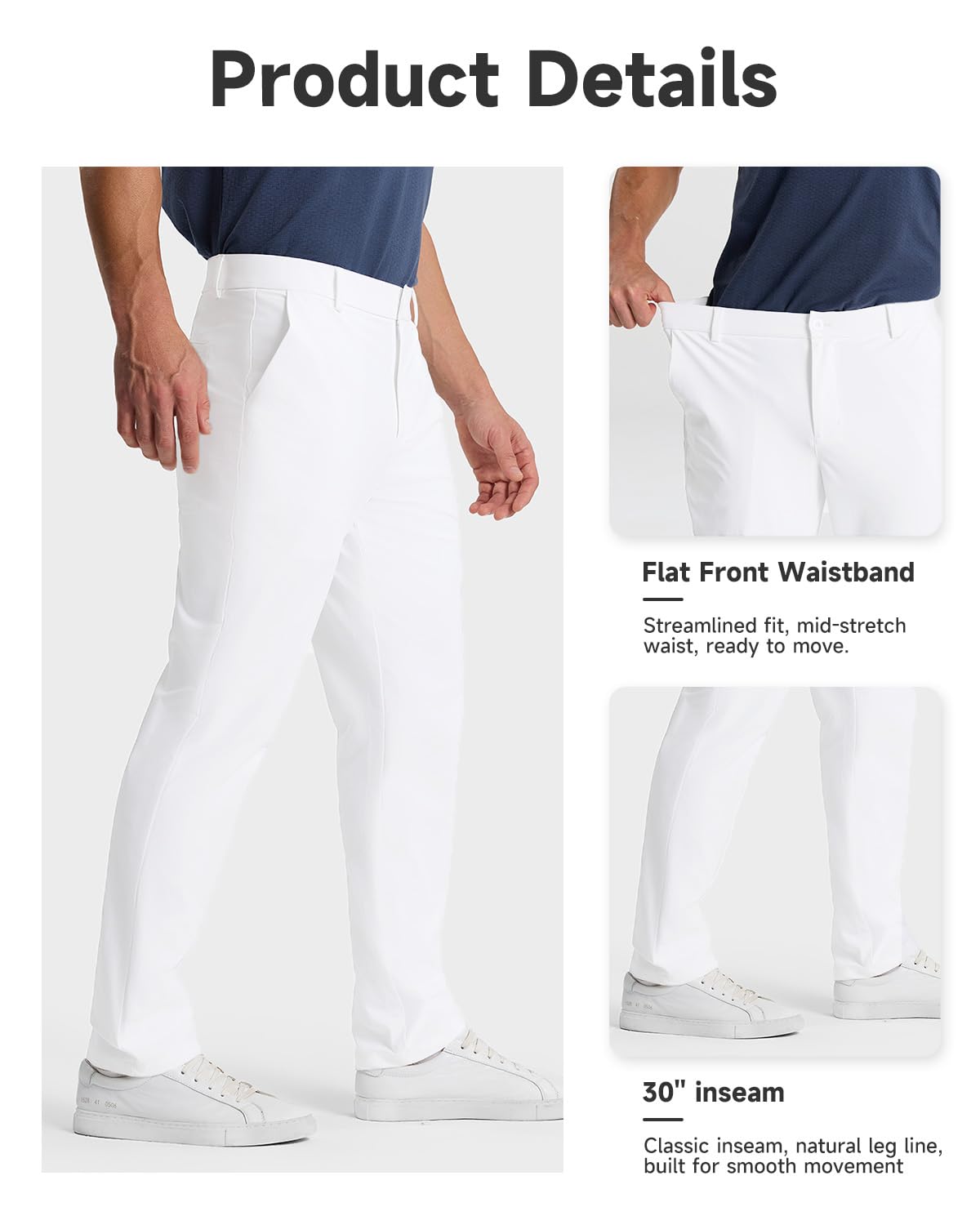 SNOWTEN Mens Slacks for Men, Classic Fit Golf Pants for Men, Stretch Dress Pants Men 32" Quick Dry Lightweight, Pockets Pure White 34w × 32L