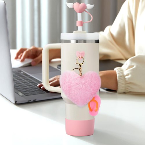 Gusgopo 6 PCS Cup Accessories Set for Stanley 40oz & 30oz Tumbler.Including Silicone Boot,Straw Cover Cap,Heart Hook,Heart Pompom and Slippers
