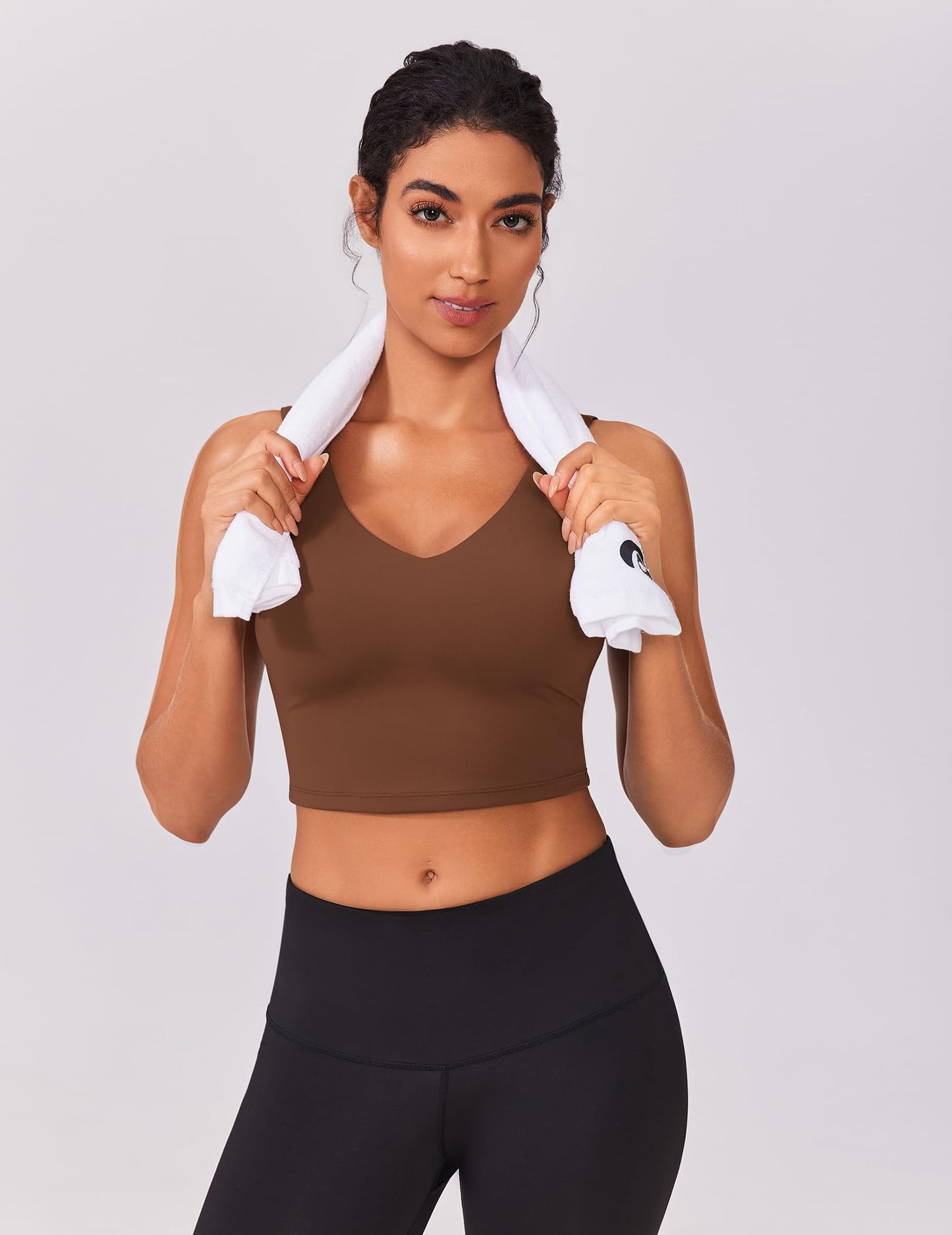 PINSPARK Sports Bra for Women Tank Tops Built in Workout Tank V Neck Padded Longline Bra with Removable Pads Pilates Outfit Small,Coffee Brown