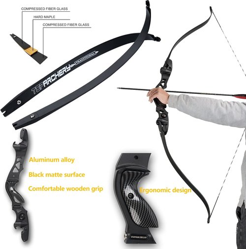 TOPARCHERY 62" Black Hunter Recurve Bow, ILF Interface Shock Absorption Takedown Hunting Recurve Bow for Adult & Youth Beginner, Longbow Archery Set for Outdoor Target Hunting Training Practice-50LBS