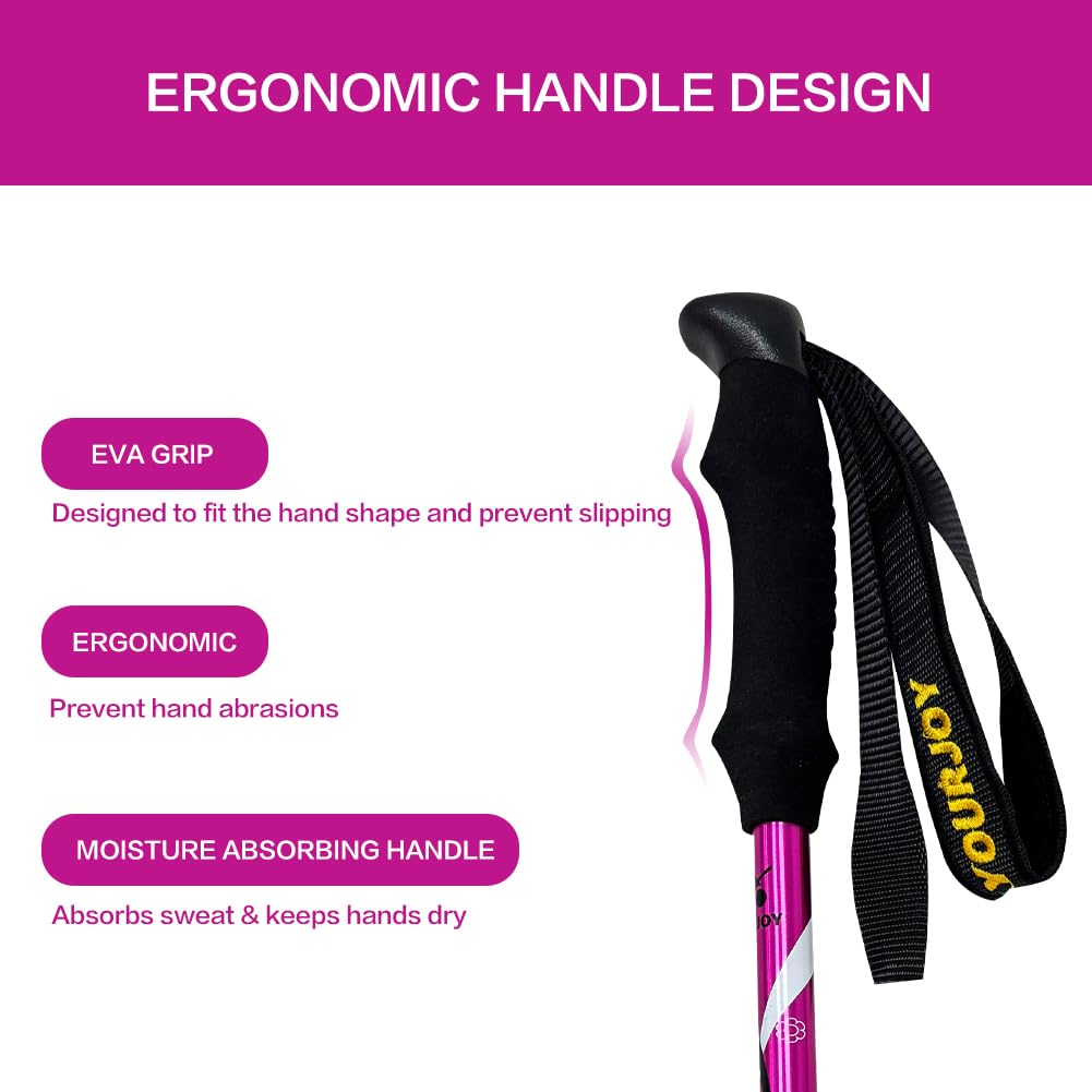 Yourjoy Hiking Trekking Poles, 2 Pack Anti Shock, Adjustable, Collapsible Hiking Poles for Trekking or Walking, Lightweight Aluminum Sticks for Children (Child-Pink)