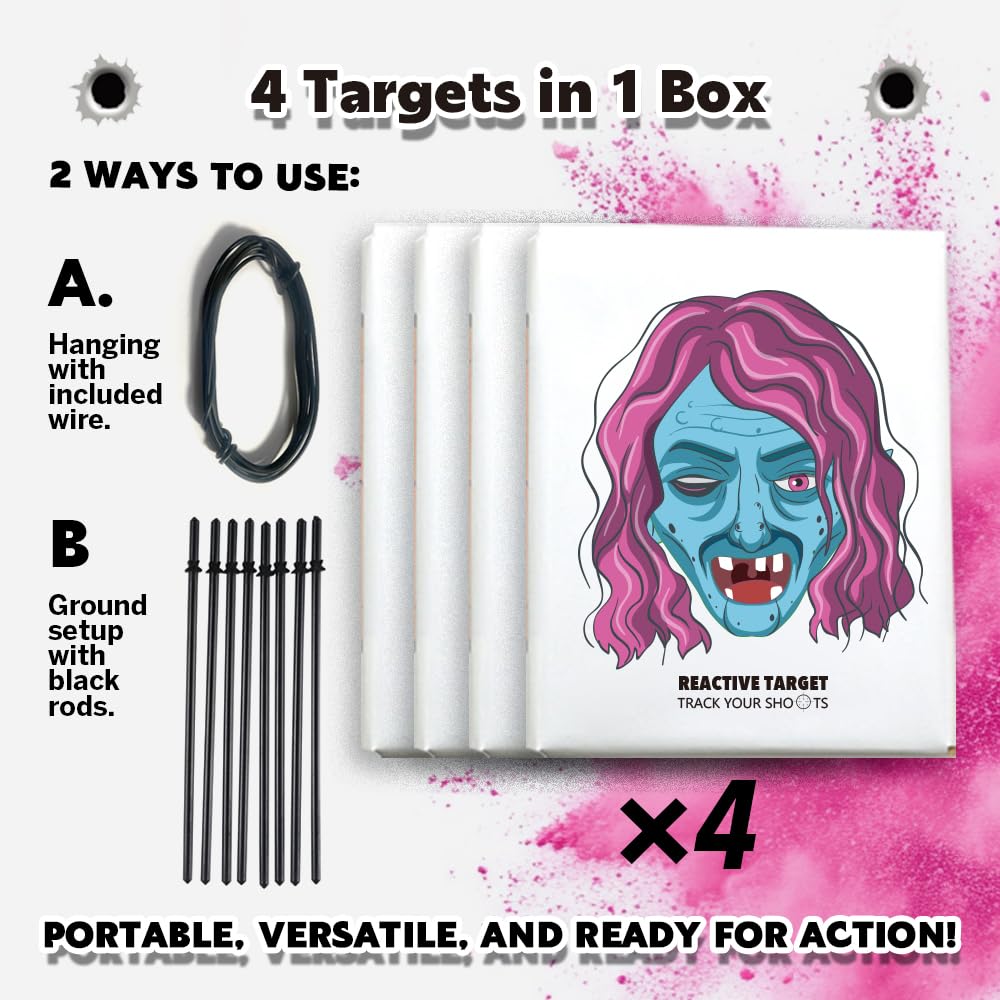 4-Pack Burst Reactive Target Set – Easy-to-See Targets for The Range, Shooting Practice Target with Bright Impact Effect, Simple Setup, Family-Friendly Shooting Accessories Pink Color