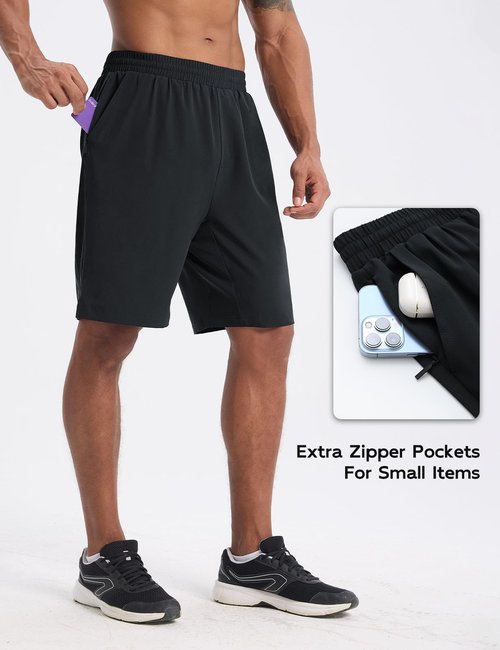 baleaf Men's Athletic Running Shorts 9" Quick Dry Workout Gym Shorts Lightweight Mesh 2 in 1 Shorts with Zipper Pockets Black L