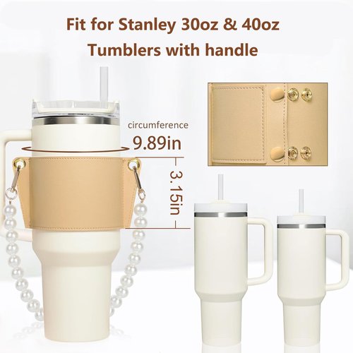 Leather Water Bottle Holder With Imitation Pearl Beads Water Bottle Sling, Compatible with Stanley 30 oz & 40 oz Tumbler with Handle, Water Bottle Carrier with Card Holder，Stanley Accessories