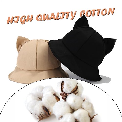 Women's Cat Ear Bucket Hat Cute Fishing Hat for Girls Cotton Sun Hat Y2K Style Bucket Cap for Daily, Festival (Black)
