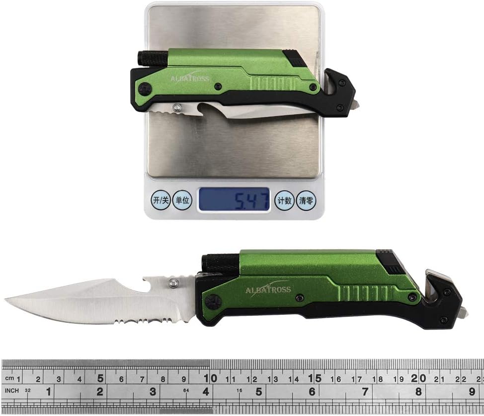 ALBATROSS 6-in-1 Survival Tactical Military Folding Pocket Knives with LED Light,Seatbelt Cutter,Glass Breaker,Magnesium Fire Starter,Bottle Opener;Multi-Function Emergency Tool(Black)