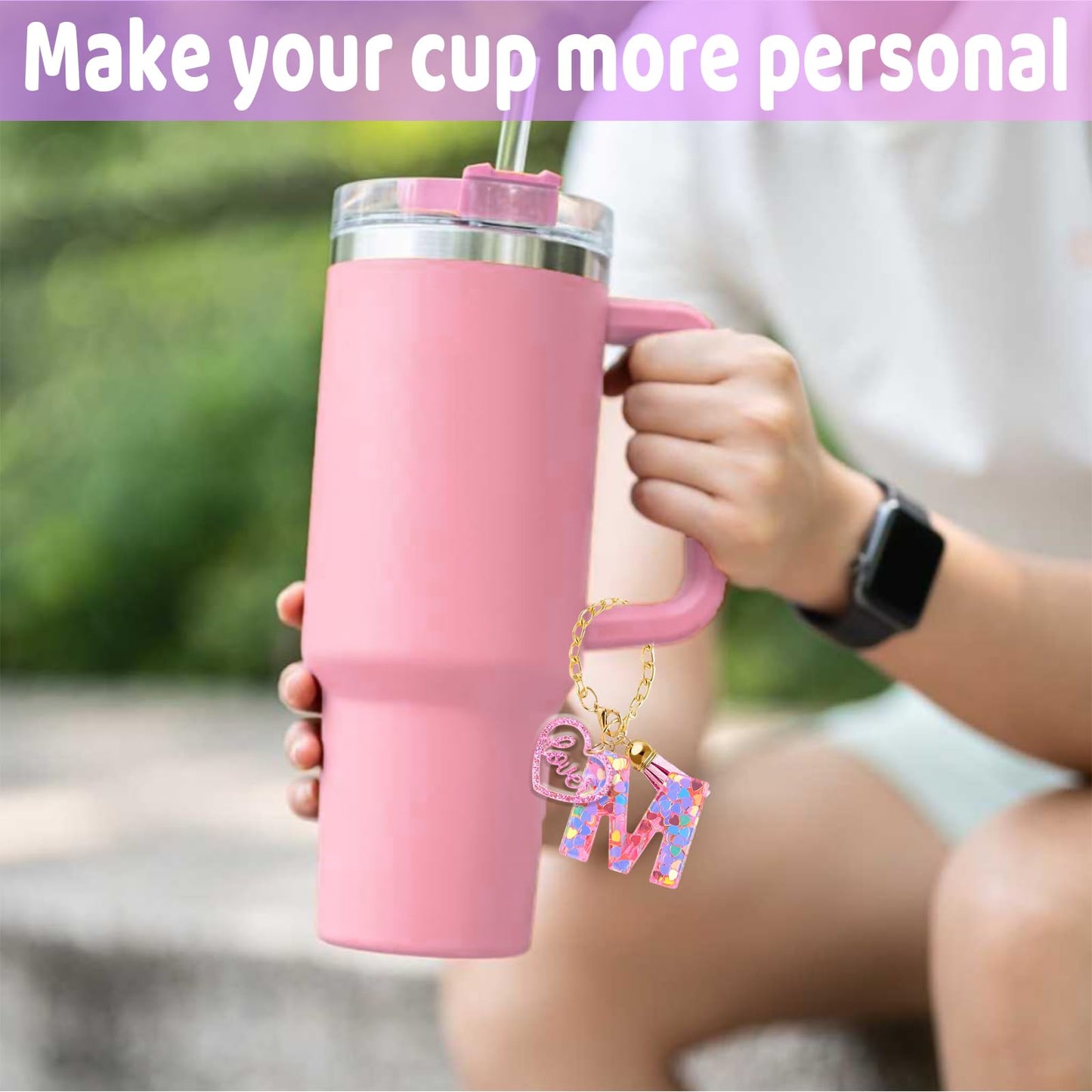 Fabenyok Letter Charm Accessories for Stanley Cup, Cute Initial Letter Keychain Handle Charm with Love for Stanley Tumbler for Women Girls (Pink, Letter S)