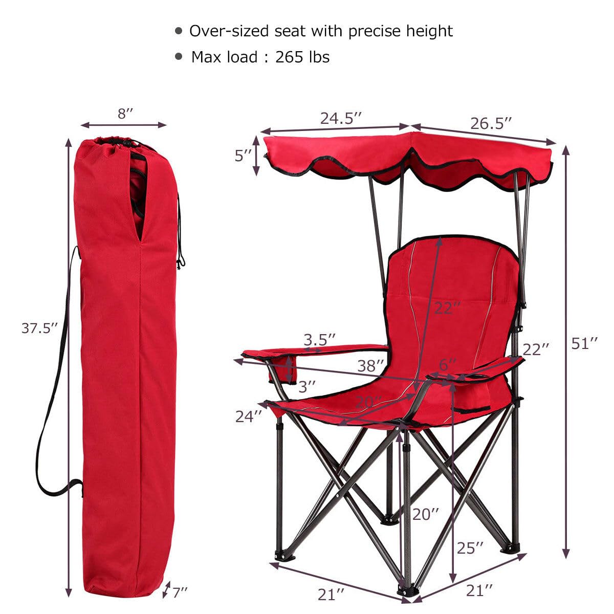 COSTWAY Portable Camping Chair with Canopy, Outdoor Lawn Chair with Shade, Carry Bag, Cup Holder, for Travel, Picnic, Beach (Red)