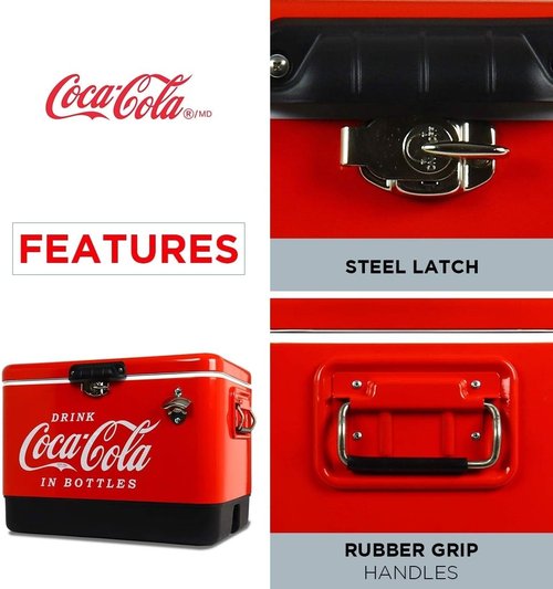 Coca-Cola Ice Chest Cooler - Portable Ice Bucket with Bottle Opener, Vintage Style, Insulated for Camping, Beach, Picnic, RV, BBQs, Tailgating, Fishing, Stainless Steel 85 Can Ice Box, 51L (54 qt)