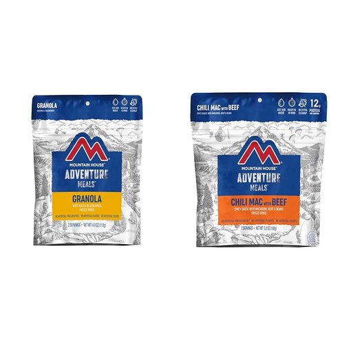 Mountain House Granola with Milk & Blueberries | Freeze Dried Backpacking & Camping Food | 2 Servings & Chili Mac with Beef | Freeze Dried Backpacking & Camping Food | 2-Servings