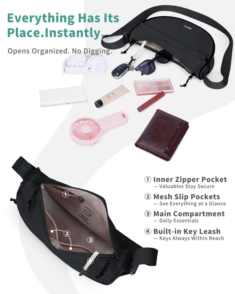 ECOHUB Anti Theft Crossbody Bag for Women and Men, Structured Lightweight Nylon Everyday Sling Bag with RFID Pocket, Adjustable Strap for Travel, Work and Daily Carry, Black