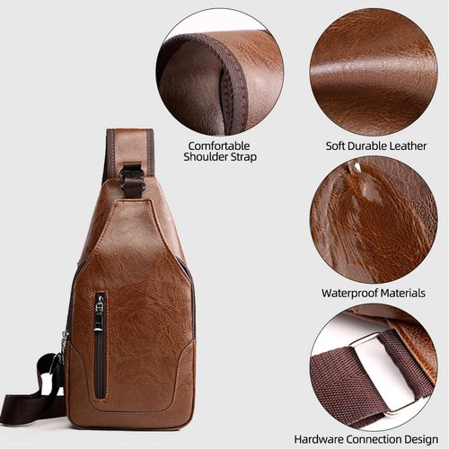 Peicees Pack of 3 Medium Leather Sling Bag Mens Crossbody Bag Chest Bag Sling Backpack for Men with USB Charge Port, Medium Classic Dark Brown & Classic Black & Vertical Zipper Black