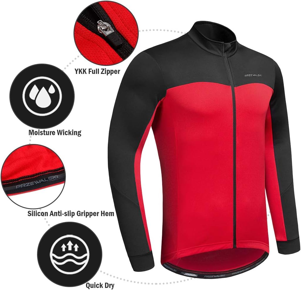 Przewalski Men's Cycling Jersey Winter Thermal Long Sleeve Fleece Cycling Jacket with 3 Rear Pockets