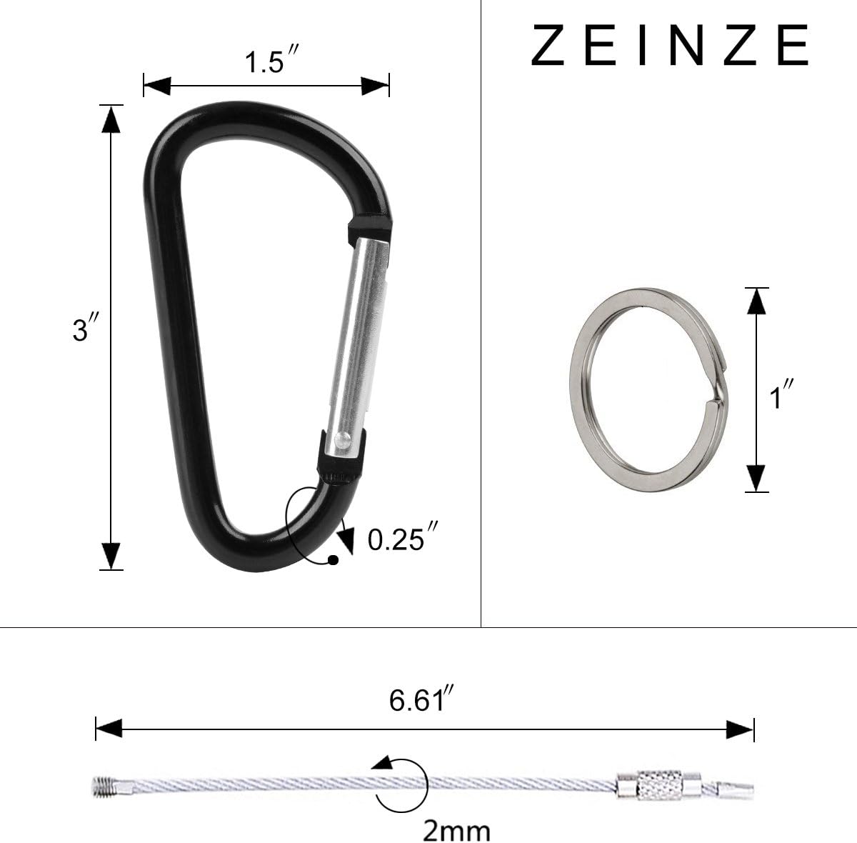ZEINZE Carabiner Clip 3" Aluminum D-Ring Spring Loaded Gate Small Keychain Carabiners Clip Set for Outdoor Camping Mini Lock Hooks Spring Snap Link Key Chain Durable Improved Design 8 Pack