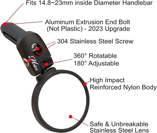 Hafny Bar End Bike / Bicycle Mirror, Stainless Steel Lens , Safe Adjustable Rearview Cycle / E-bike Mirror, HF-MR083 (Black 62mm)