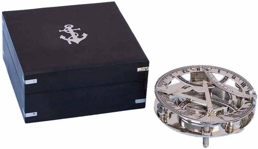 Hampton Nautical Antique Brass Round Sundial Compass with Rosewood Box, 6"