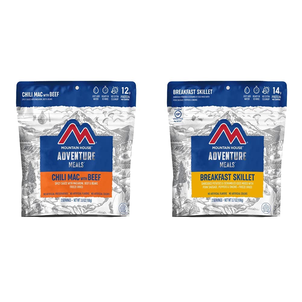 Mountain House Chili Mac with Beef | Freeze Dried Backpacking & Camping Food | 2-Servings + Mountain House Breakfast Skillet | Freeze Dried Backpacking & Camping Food | 2 Servings | Gluten-Free