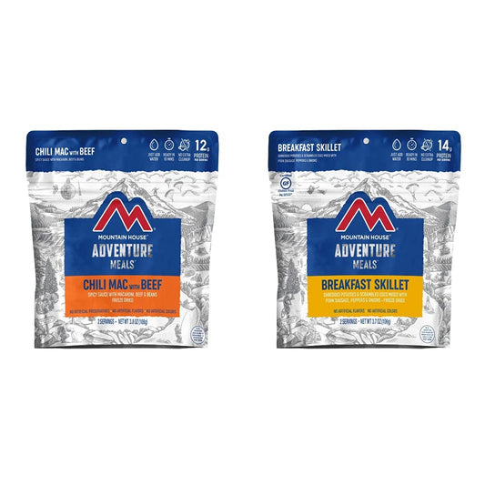 Mountain House Chili Mac with Beef | Freeze Dried Backpacking & Camping Food | 2-Servings + Mountain House Breakfast Skillet | Freeze Dried Backpacking & Camping Food | 2 Servings | Gluten-Free