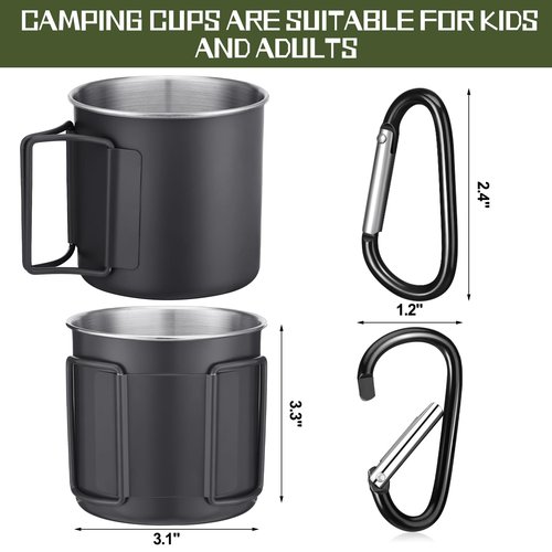 Zhehao 12 oz Camping Mugs Set of 4 Metal Camping Coffee Cups Stainless Steel Cups with Folding Handles D Ring Portable Backpacking Mugs Travel for Outdoor Hiking Climbing Picnic Party