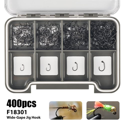 MUUNN 400Pcs Fly Tying Hooks Assortment, Barbless Fishing Hook Trout, Wide-GARP Jig Fly Fishing Hooks 12#14#16#18# with Box