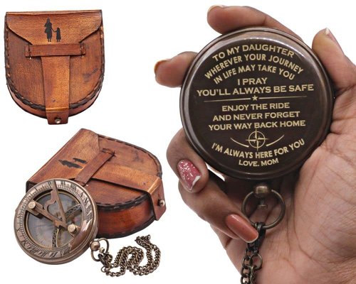 Engraved Sundial Compass with Leather Case – to My Daughter from Mom – Vintage Brass Compass Gift with Inspirational Quote – Graduation, Birthday, Travel Keepsake – Mother to Daughter Gift