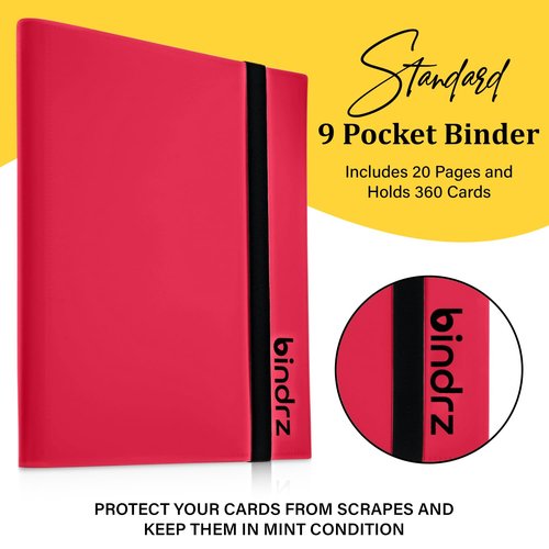 bindrz 9 Pocket Strap Binder Album for 360 Trading Cards - Side Loading Pockets Folder - Archival Safe Material for CCG TCG MTG and Sports Collectibles (Red)