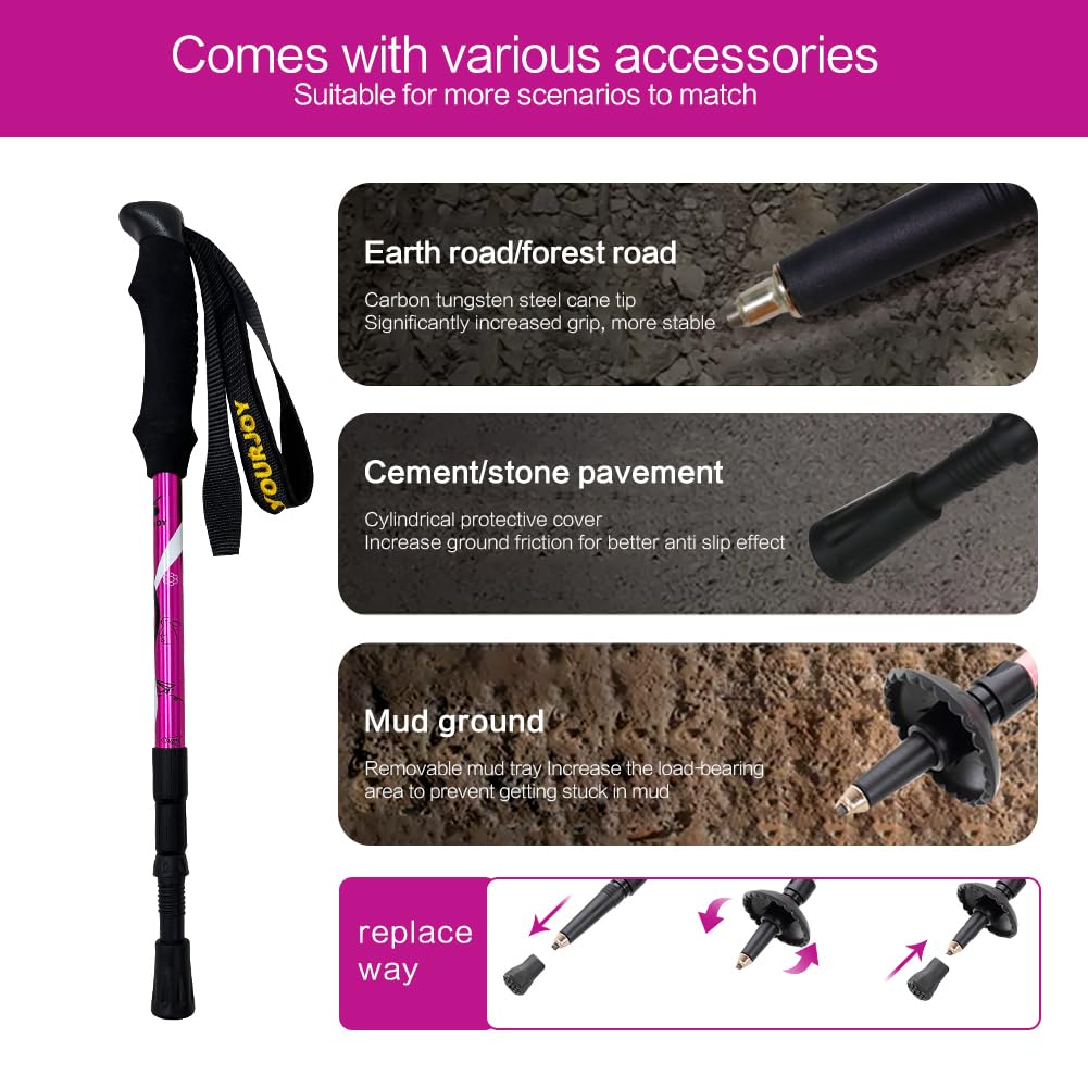 Yourjoy Hiking Trekking Poles, 2 Pack Anti Shock, Adjustable, Collapsible Hiking Poles for Trekking or Walking, Lightweight Aluminum Sticks for Children (Child-Pink)