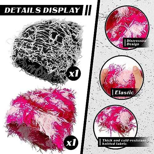 Ramede 2 Pcs Distressed Knitted Beanie Fuzzy Winter Hats Thick Warm Beanie Hats for Men Women Outdoor Knit Cap
