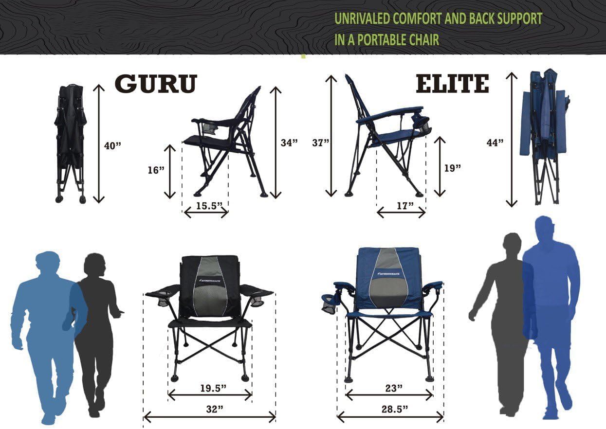 STRONGBACK Elite Folding Camping Lawn Lounge Chair Heavy Duty Camp Outdoor Seat with Lumbar Support and Portable Carry Bag - Navy/Grey