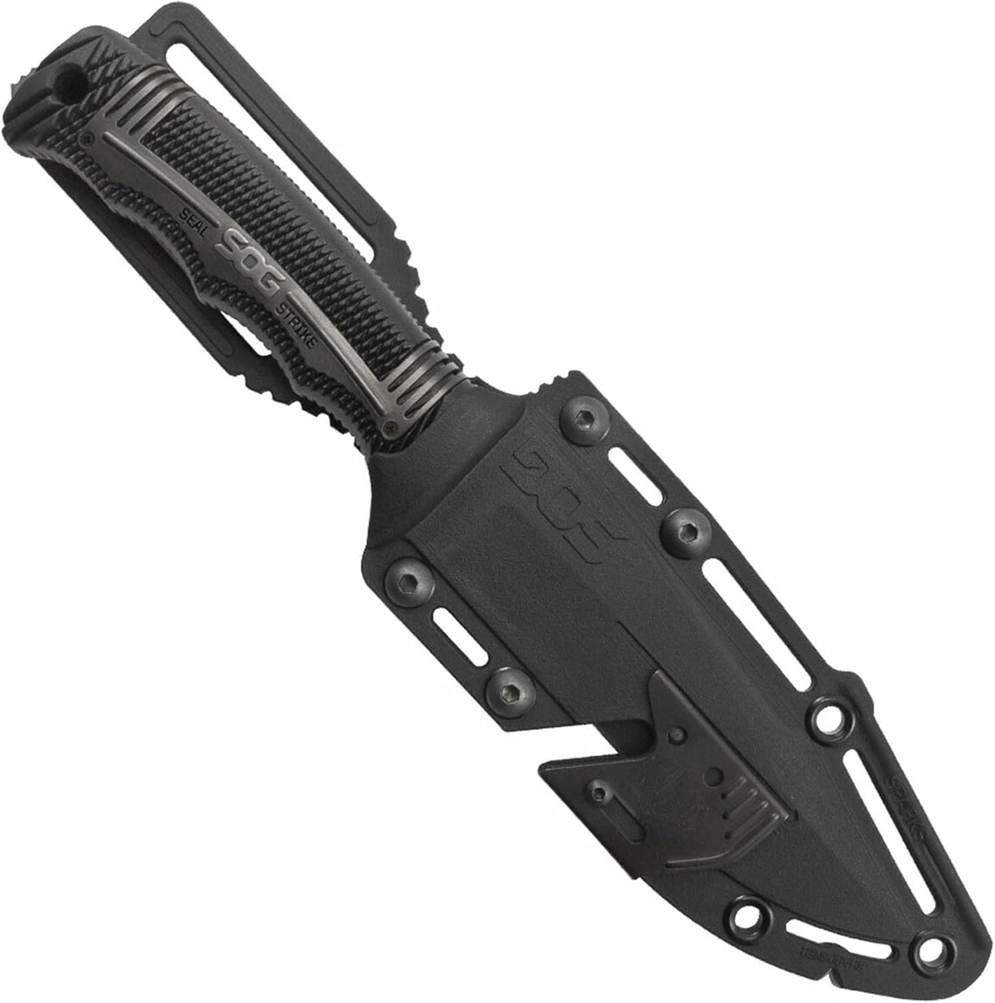 SOG Seal Strike Fixed Blade Knife with Sheath- Tactical and Hunting Knife with 4.9 Inch Partially Serrated Bowie Knife Blade and Survival Knife Line Cutter (SS1003-CP)