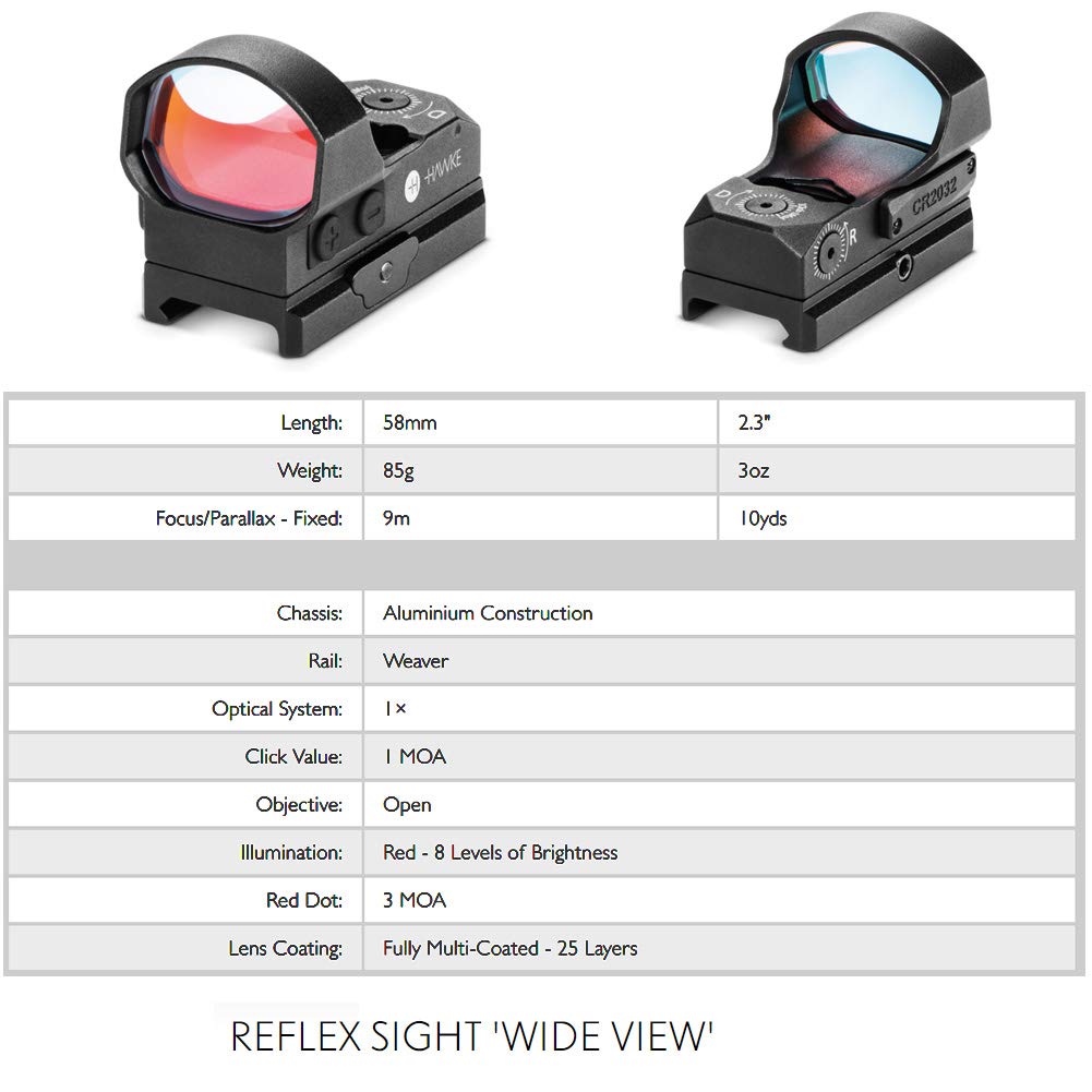 Hawke Sport Optics Wide View Digital Control Reflex Red Dot Sight w/Battery Tray, 3 MOA, 12144