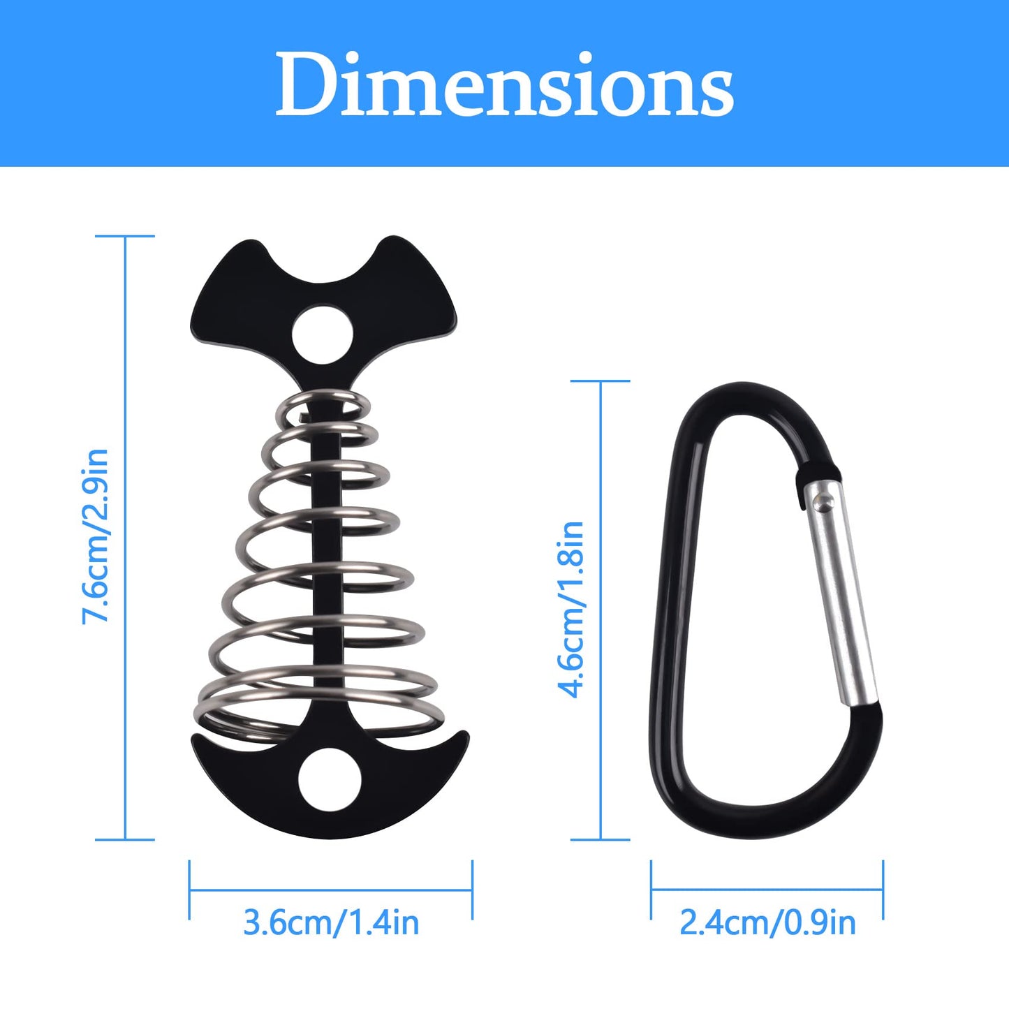 6Pcs Aluminium Alloy Fishbone Deck Anchors with Carabiners, Windproof Deck Anchor Pegs Tie Down Tent Stakes with Spring Buckle, Adjuster Tensioner Set for Furniture Camping Hiking (Black)
