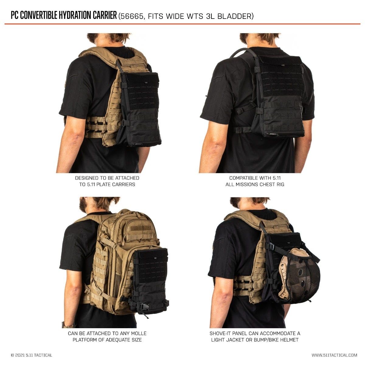 5.11 Tactical Water Hydration Carrier Pouch Backpack Attachment, PC Convertible, Black, Style 56665ABR