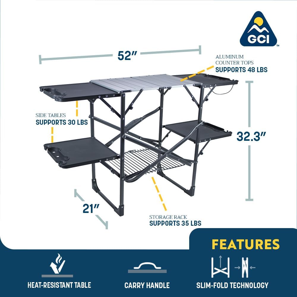 Portable Folding Cook Station | GCI Outdoor Slim-Fold Kitchen Table with Heat Resistant Top, 4 Side Tables & Storage Rack for Camping & Picnics
