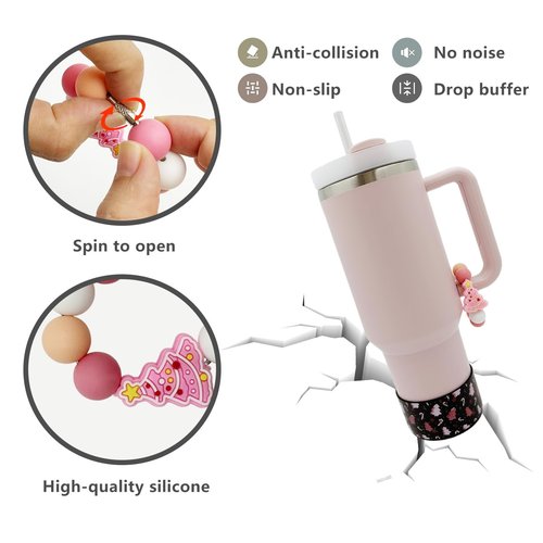 WAFOIRO Pink Christmas Tumbler Sleeve Handle Decor – Holiday Silicone Cup Bottom Protector, Cute Christmas Tree Beads Cup Accessories for Stanley 30oz 40oz Tumblers