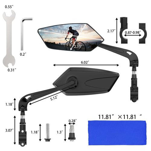 Sazetify Bike Mirror 2 Pack, Handlebar Rearview 360 Rotatable, Safe Wide Angle HD Glass for Rear View