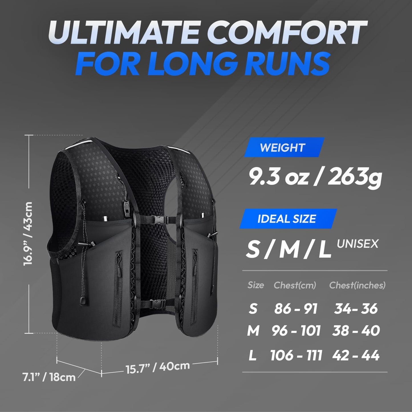 ALL REMATE All-in-One Multi Sport Running Vest including Water Bottle, Whistle, 11 Pockets & 6 Straps – Ergonomic Lightweight Reflective Gear