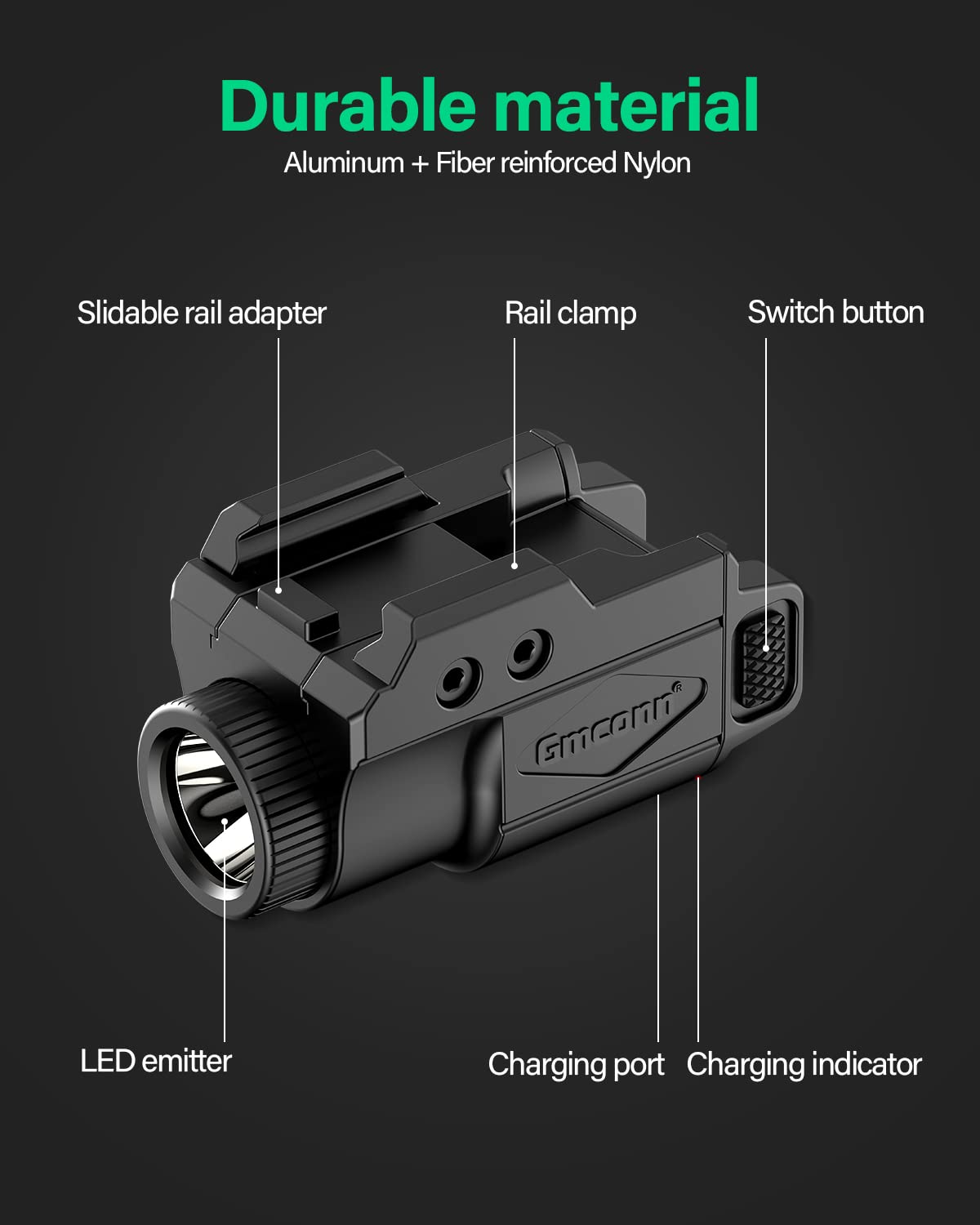 Gmconn 700 Lumen Pistol Light, Compact Adjustable Rail Mounted Flashlight Mini Weapon Light with Strobe Mode for Picatinny MIL-STD-1913, Glock (700 Lumen)