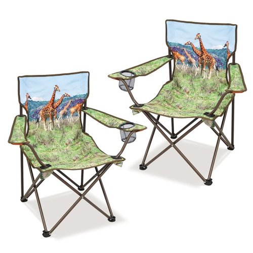 LANMOUNTAIN 2 Pcs Animal Pattern Camping Chair,Folding Backpacking Lightweight Beach Chair w/Cup Holder,Mesh Side Pocket,Carry Bag,Portable Lawn Chair for Adults Family Outdoor Parties,Hiking,Giraffes