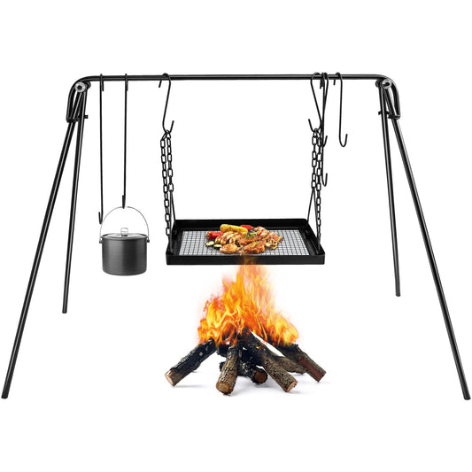 HONYTA Campfire Swing Cooking Grill Stand, Portable Hanging Cooking Rack with Collapsible Legs Adjustable Grill Grate and Hooks for Outdoor BBQ Picnic Cookware Party
