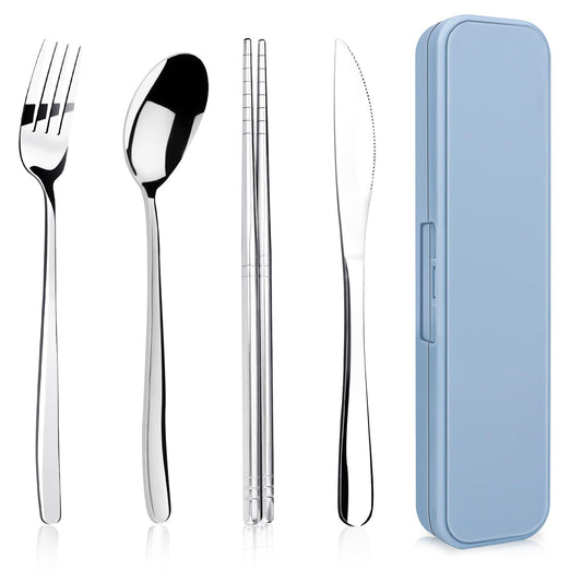 5 Piece Rsiynax Portable Travel Utensils Set with Case, Premium 304 Stainless Steel Camping Utensils Set, Reusable Silverware for Camping, Lunch, Work, School, etc, Easy to Clean (Silver)
