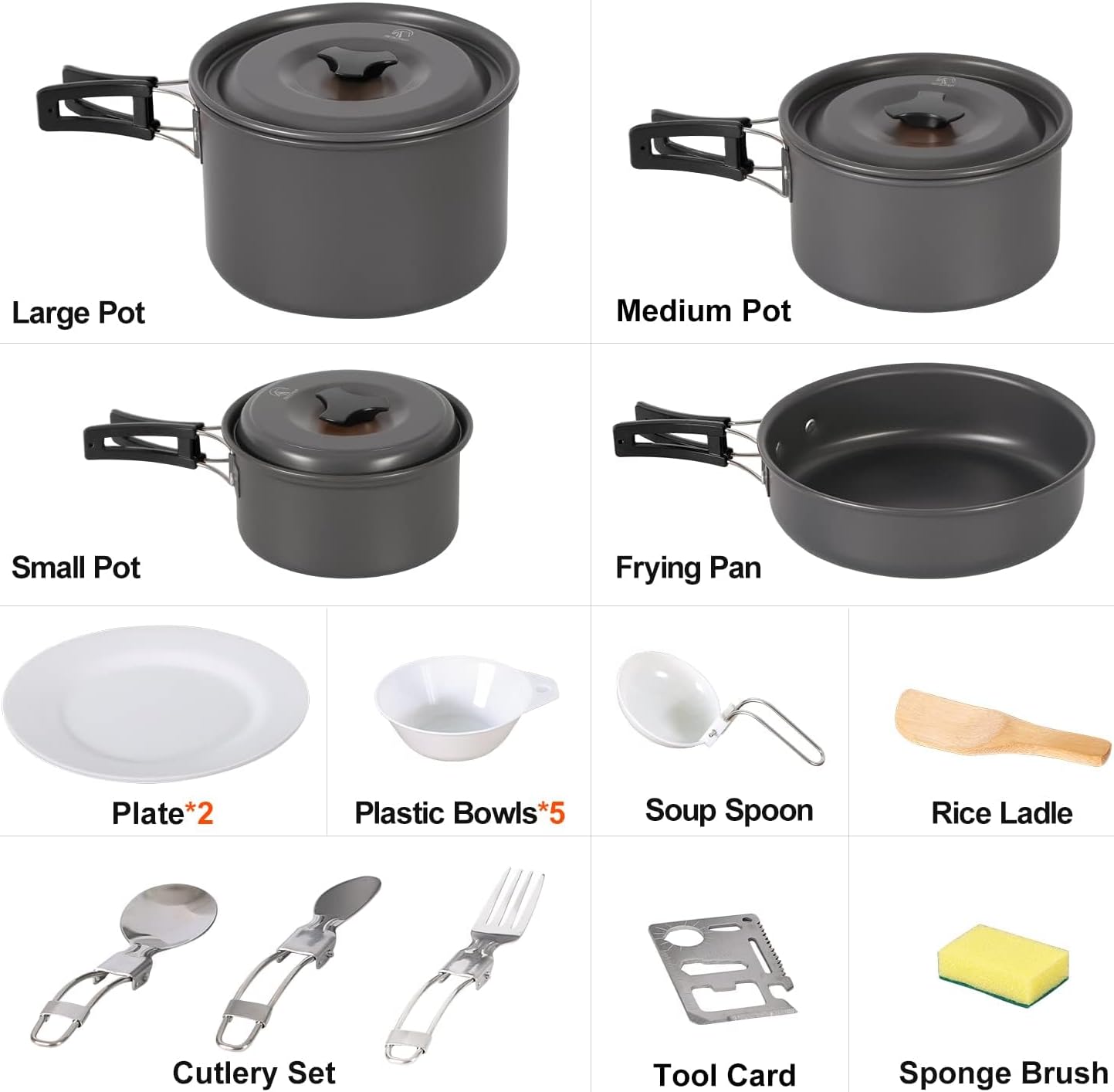 REDCAMP 6/10/11/12/14/15/19 PCS Camping Cookware Mess Kit Camping Gear Campfire Utensils Lightweight Stackable Pot Pan Bowls Soup Spoon with Storage Bag for Camping, Backpacking, Outdoor Cooking