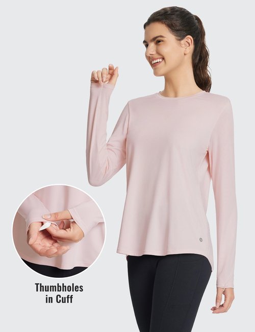 baleaf Women's Long Sleeve Workout Tops Running Athletic Hiking Shirts Quick Dry Loose Fit UV Lightweight Tees Pleated Back UPF 50+ Pink XL